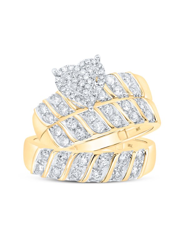10kt Yellow Gold His Hers Round Diamond Heart Matching Wedding Set 1 Cttw
