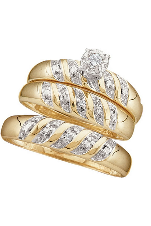 10kt Yellow Gold His & Hers Round Diamond Solitaire Matching Bridal Wedding Ring Band Set 1/12 Cttw