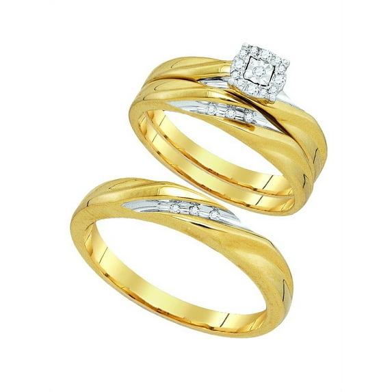 10kt Yellow Gold His & Hers Round Diamond Solitaire Matching Bridal Wedding Ring Band Set 1/8 Cttw