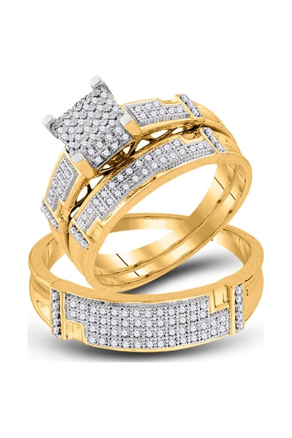 10kt Yellow Gold His Hers Round Diamond Square Matching Wedding Set 1/2 Cttw