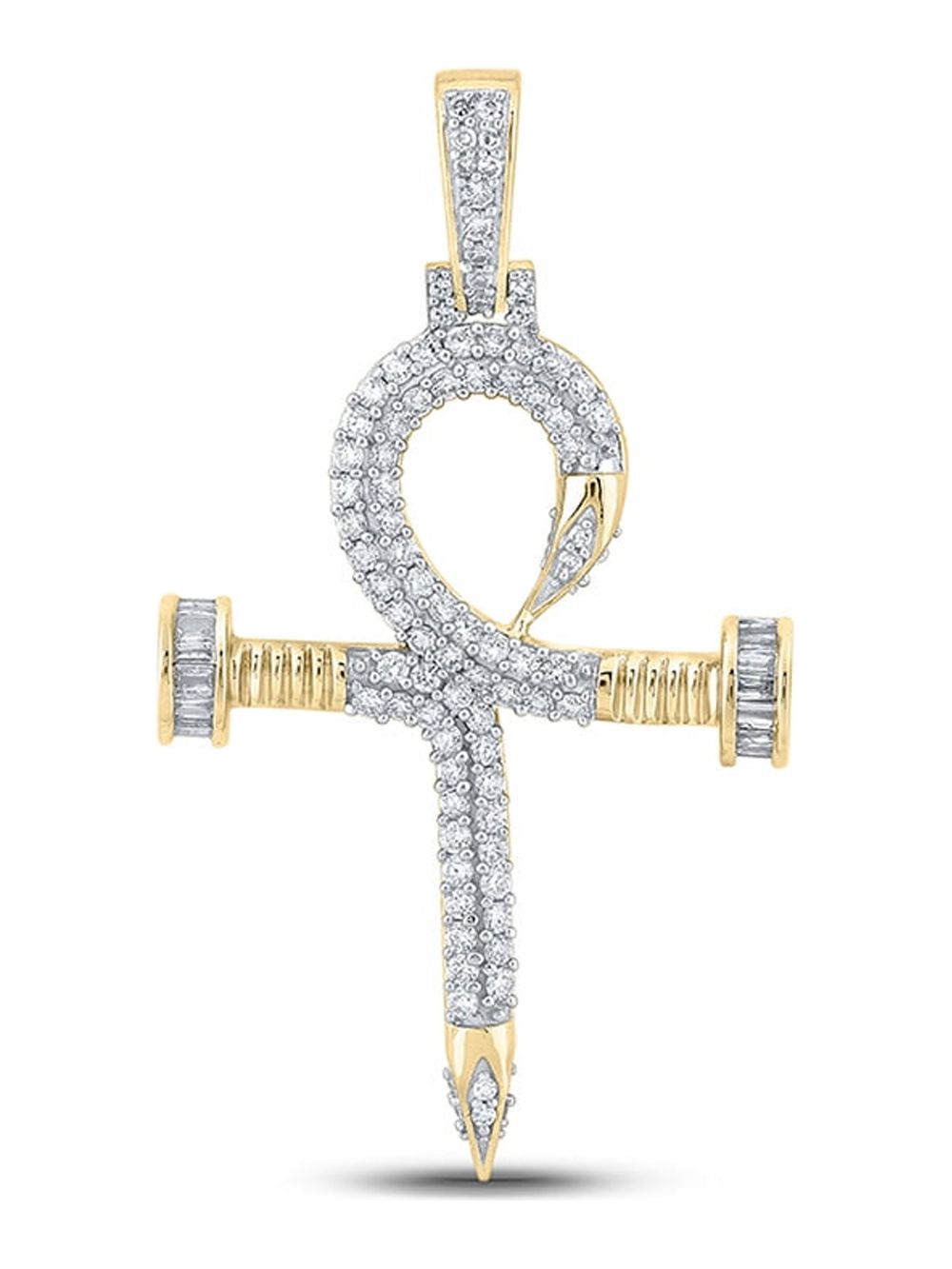 10kt Yellow Gold Mens Baguette Diamond Ankh Nail Cross Charm Pendant 1 Cttw