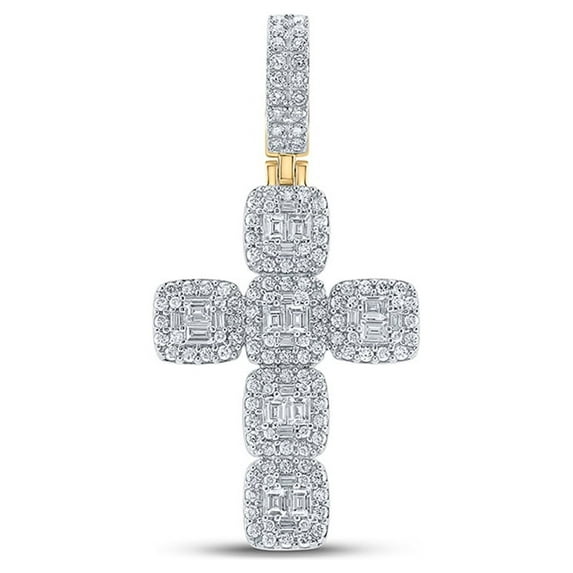 10kt Yellow Gold Mens Baguette Diamond Cross Charm Pendant 1-7/8 Cttw
