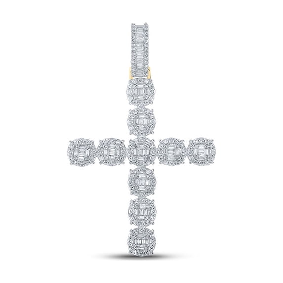 10kt Yellow Gold Mens Baguette Diamond Cross Charm Pendant 1-7/8 Cttw