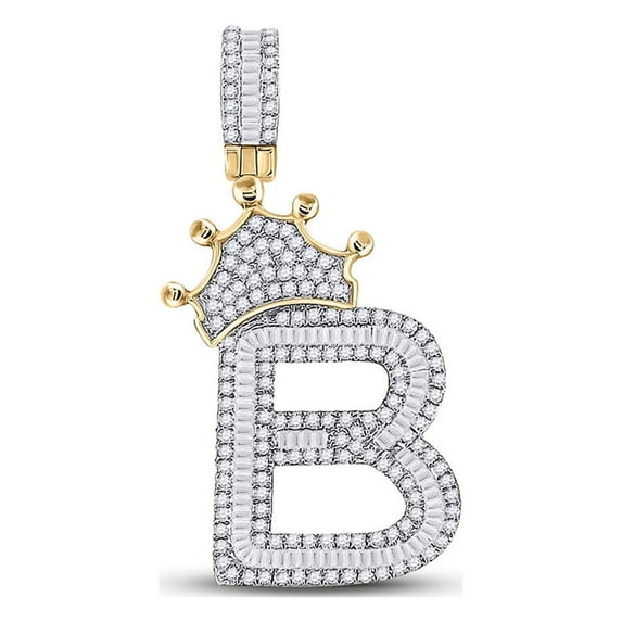 10kt Yellow Gold Mens Baguette Diamond Crown B Letter Charm Pendant 1 Cttw