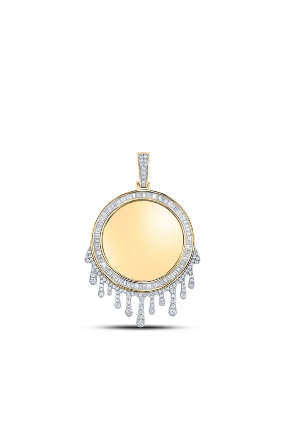 Mia Diamonds 10kt Yellow Gold Mens Baguette Diamond Dripping Circle Picture Memory Pendant 1-7/8 Cttw