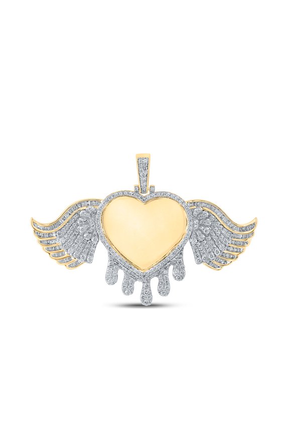 10kt Yellow Gold Mens Baguette Diamond Dripping Memory Heart Charm Pendant 2-1/2 Cttw