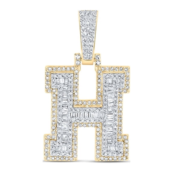 10kt Yellow Gold Mens Baguette Diamond H Initial Letter Charm Pendant 5/8 Cttw
