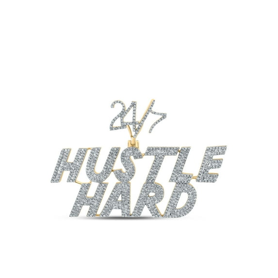 10kt Yellow Gold Mens Baguette Diamond Hustle Hard 24 7 Charm Pendant 2-5/8 Cttw