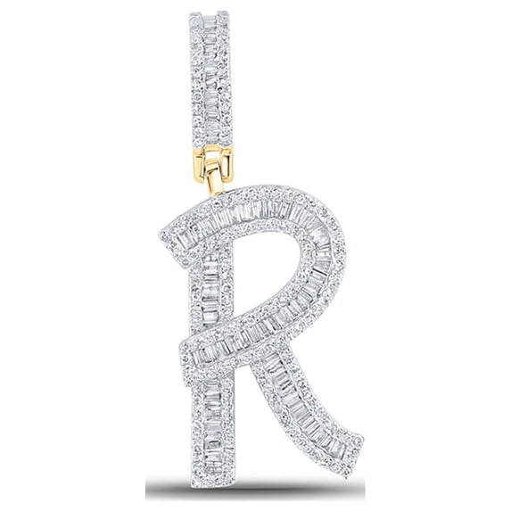 10kt Yellow Gold Mens Baguette Diamond Initial R Letter Charm Pendant 7/8 Cttw