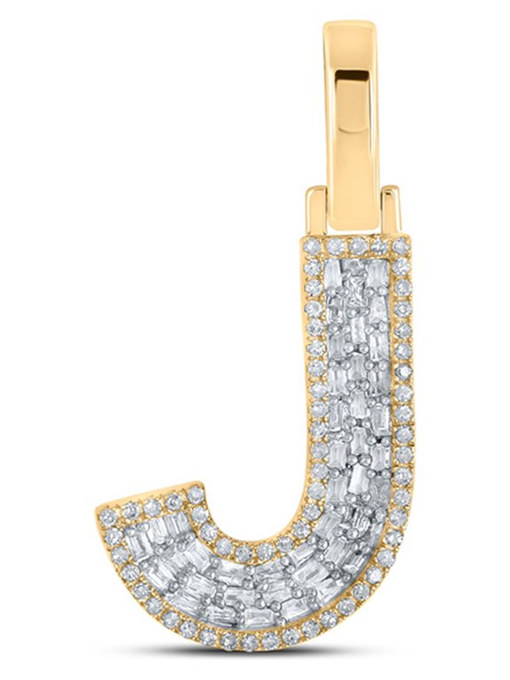 10kt Yellow Gold Mens Baguette Diamond J Initial Letter Charm Pendant 1/3 Cttw