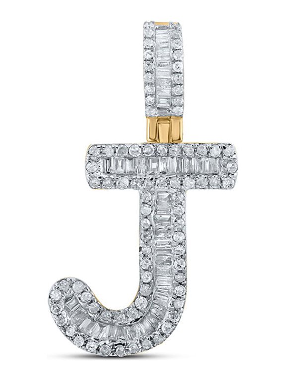 10kt Yellow Gold Mens Baguette Diamond J Initial Letter Pendant 3/8 Cttw