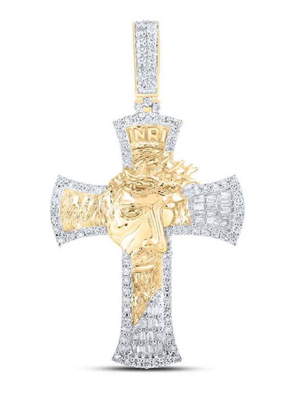 10kt Yellow Gold Mens Baguette Diamond Jesus Face Cross Charm Pendant 1 Cttw