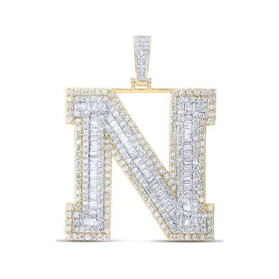 10kt Yellow Gold Mens Baguette Diamond N Initial Letter Charm Pendant 7-5/8 Cttw