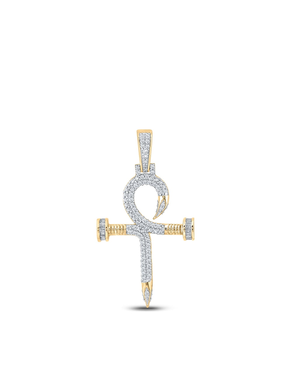 10kt Yellow Gold Mens Baguette Diamond Nail Cross Ankh Charm Pendant 3/4 Cttw