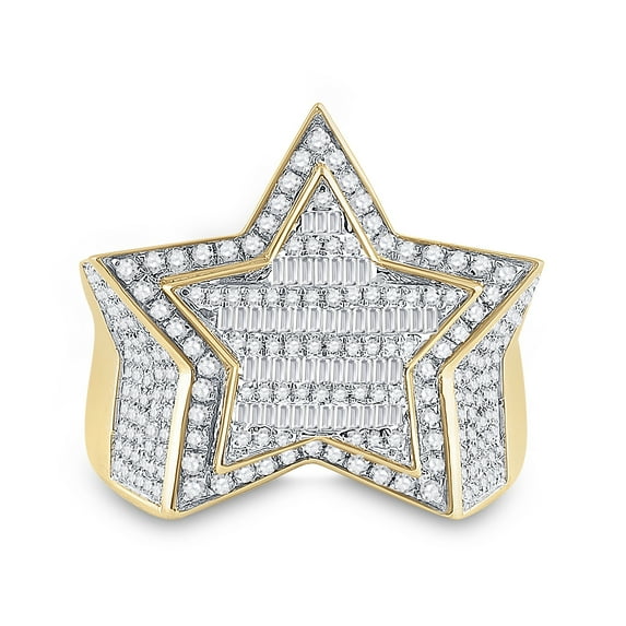 10kt Yellow Gold Mens Baguette Diamond Statement Star Ring 1-1/4 Cttw