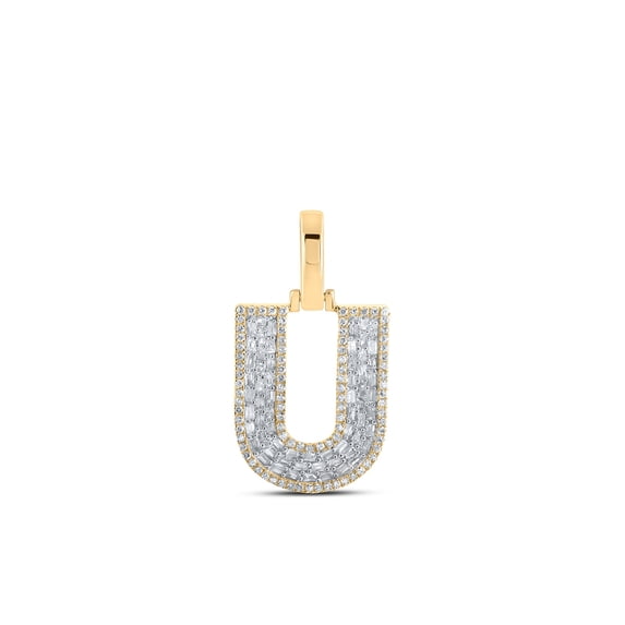 10kt Yellow Gold Mens Baguette Diamond U Initial Letter Charm Pendant 1/2 Cttw