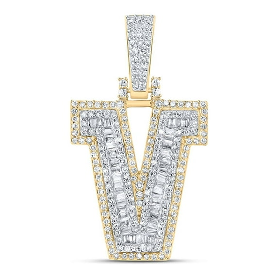 10kt Yellow Gold Mens Baguette Diamond V Initial Letter Charm Pendant 5/8 Cttw