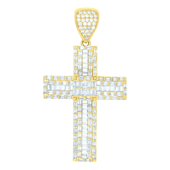 10k 10Kt Yellow Gold Mens Baguette Round Cubic-Zirconia Cross Religious Charm Pendant