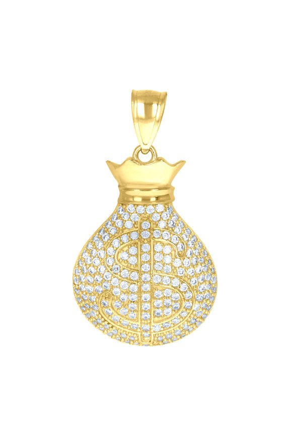 10k Yellow Gold Mens Cubic Zirconia Dollar Sign Money Bag Charm Pendant for Men