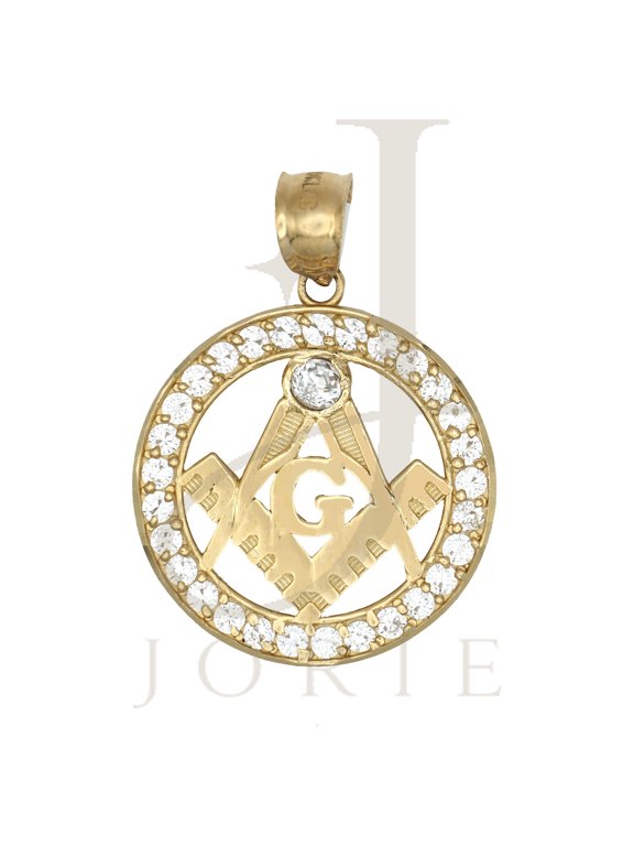 Masonic Symbol Round Cubic Zirconia Charm Pendant 10k, Yellow Gold