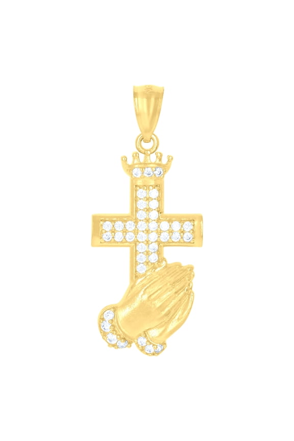 10kt Yellow Gold Mens Cubic-Zirconia Praying Hands Cross Religious Charm Pendant
