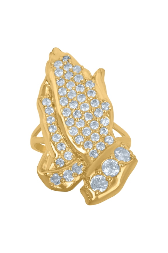 10kt Yellow Gold Mens Cubic Zirconia Praying Hands Religious Ring, Mens Size: 10
