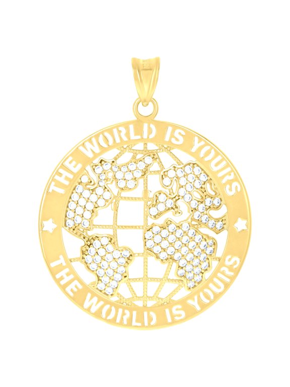 10k 10Kt Yellow Gold Mens Cubic-Zirconia The World Is Yours World Map Globe Charm Pendant