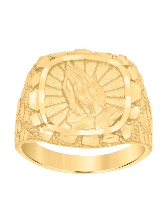 10kt Yellow Gold Mens Diamond-Cut Praying Hands Symbol Religious Ring , Mens Size: 10