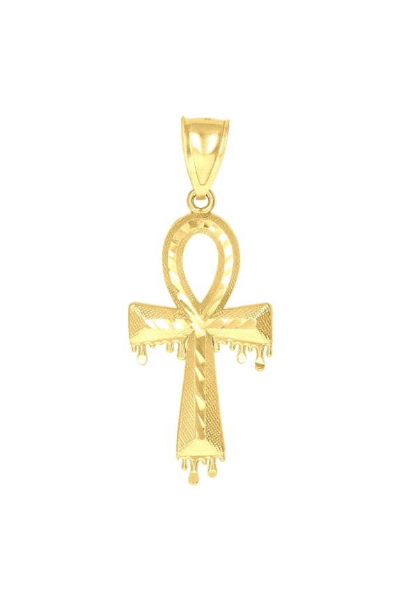 10k Yellow Gold Mens Dripping Egyptian Ankh Cross Religious Charm Pendant Pendant Necklace for Men