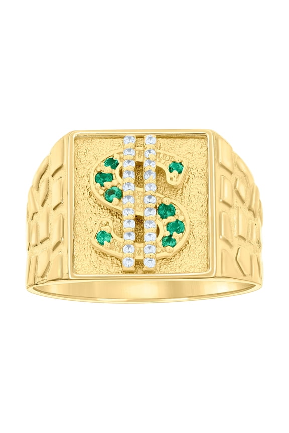 10kt Yellow Gold Mens Green White Cubic-Zirconia Square Head Dollar Sign Currency Nugget Ring, Mens Size: 10