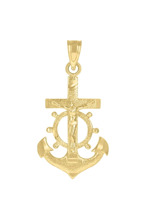 10kt Yellow Gold Mens Mariner Anchor Crucifix Cross Religious Charm Pendant