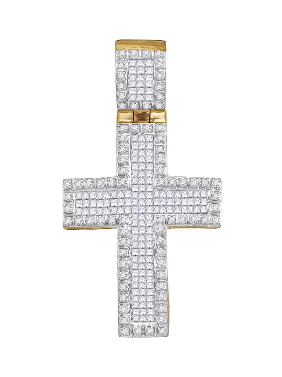 10kt Yellow Gold Mens Princess Diamond Raised Edge Cross Necklace Pendant 1.00 Ctw.