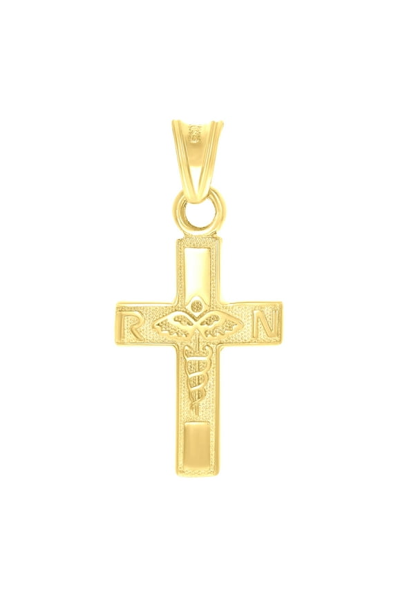 10k Yellow Gold Mens Rn & Caduceus Cross Religious Charm Pendant Pendant Necklace for Men