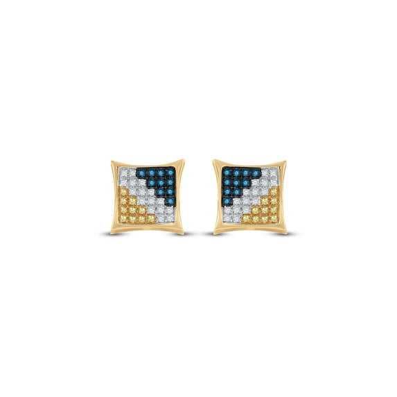 10kt Yellow Gold Mens Round Blue Color Enhanced Diamond Square Kite Cluster Earrings 1/4 Cttw