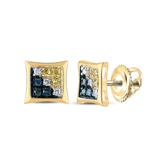 10kt Yellow Gold Mens Round Blue Color Enhanced Diamond Square Kite Earrings 1/20 Cttw