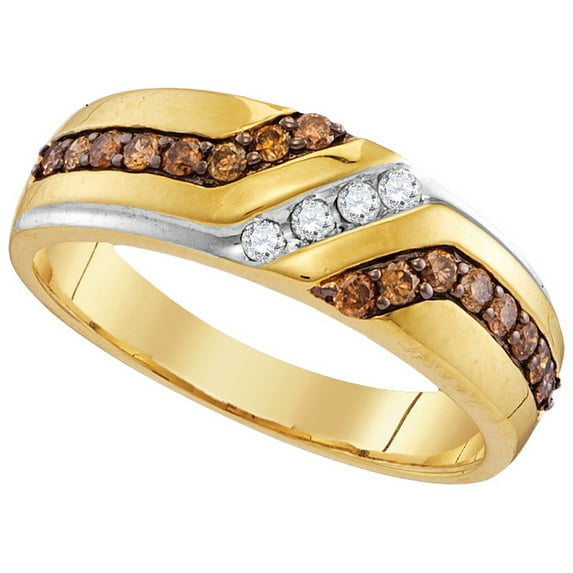 10kt Yellow Gold Mens Round Cognac-brown Colored Diamond Wedding Anniversary Band Ring 1/3 Cttw