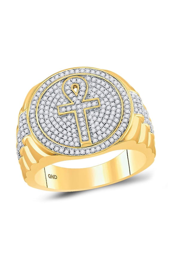 10kt Yellow Gold Mens Round Diamond Ankh Cross Cluster Ring 3/4 Cttw