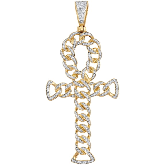 10K Yellow Gold Mens Diamond Ankh Cross Cuban Link Necklace Pendant 7/8 Ctw.
