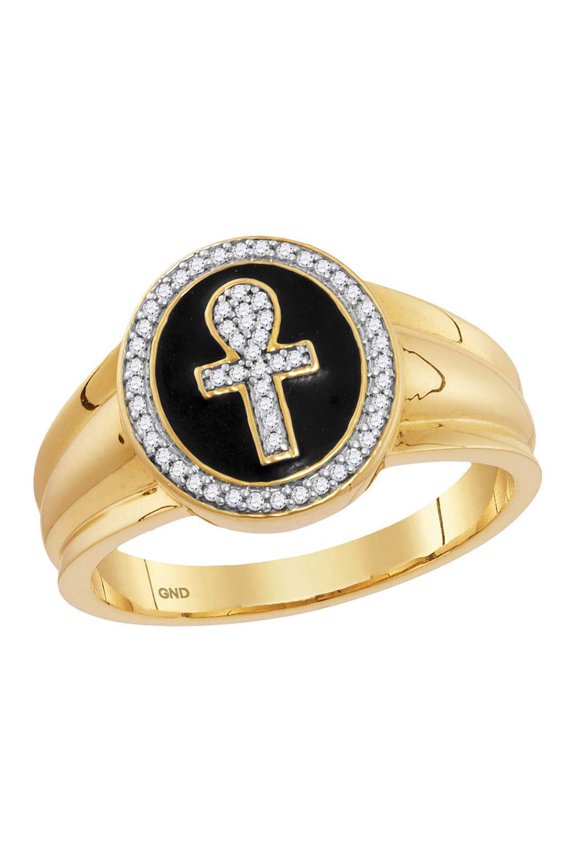 10kt Yellow Gold Mens Round Diamond Ankh Cross Fashion Ring 1/6 Cttw