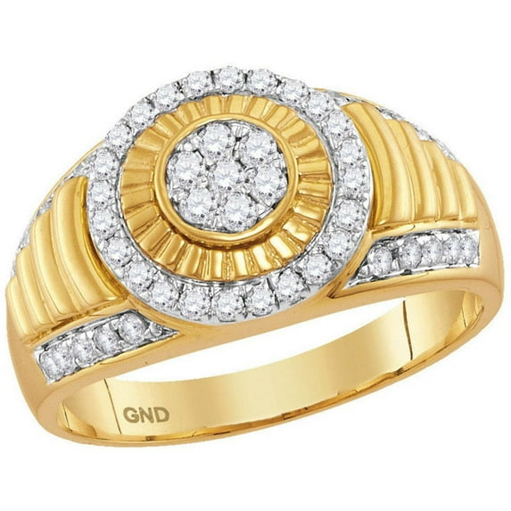 10kt Yellow Gold Mens Round Diamond Cluster Concentric Circle Ribbed Ring 3/4 Cttw 114951