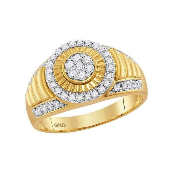 10kt Yellow Gold Mens Round Diamond Cluster Concentric Circle Ribbed Ring 3/4 Cttw