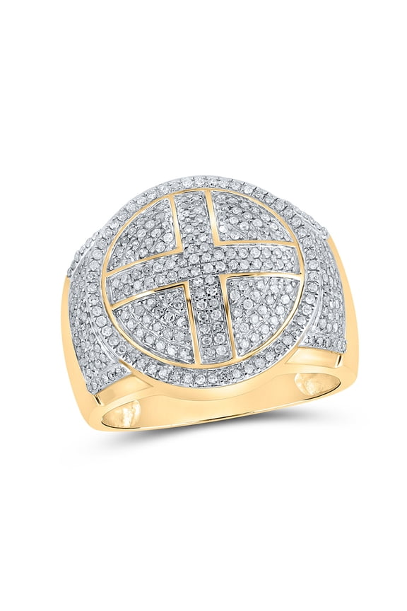 10kt Yellow Gold Mens Round Diamond Cross Circle Ring 3/4 Cttw