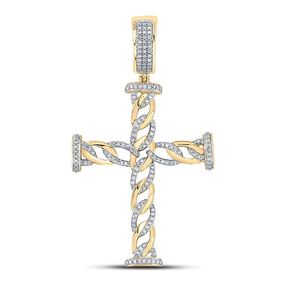 10kt Yellow Gold Mens Round Diamond Cuban Link Cross Charm Pendant 3/8 Cttw