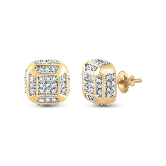 10kt Yellow Gold Mens Round Diamond Cushion Cluster Earrings 1/4 Cttw