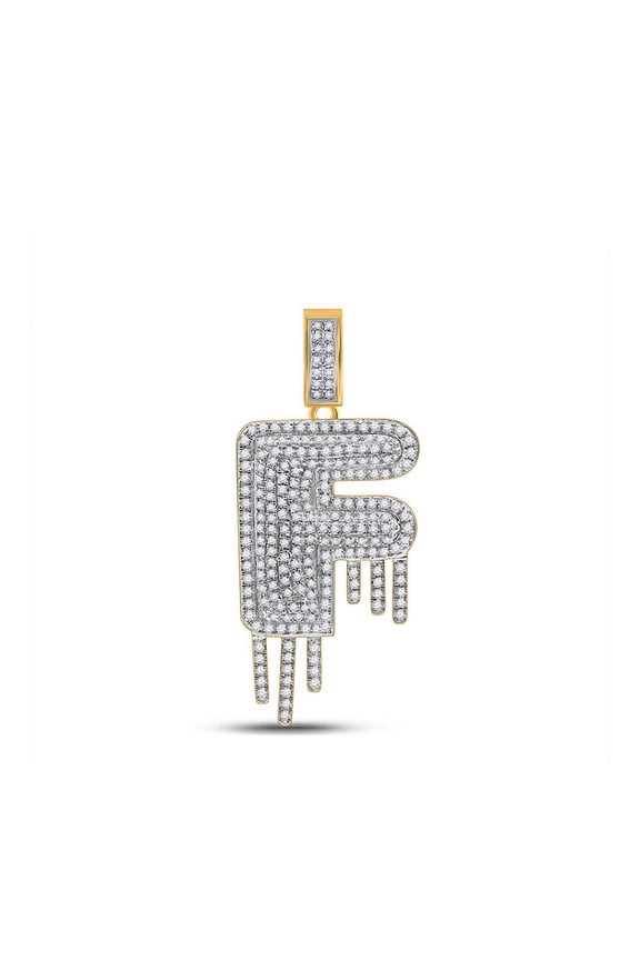 10kt Yellow Gold Mens Round Diamond Drip F Letter Charm Pendant 5/8 Cttw