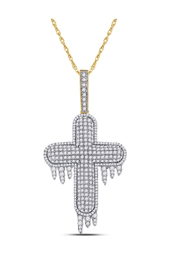 10kt Yellow Gold Mens Round Diamond Dripping Cross Charm Pendant 2 Cttw