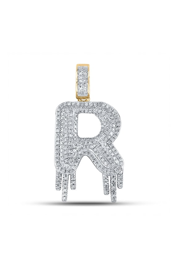 10kt Yellow Gold Mens Round Diamond Dripping R Letter Charm Pendant 3/4 Cttw