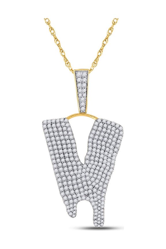 10kt Yellow Gold Mens Round Diamond Dripping V Letter Charm Pendant 2-7/8 Cttw