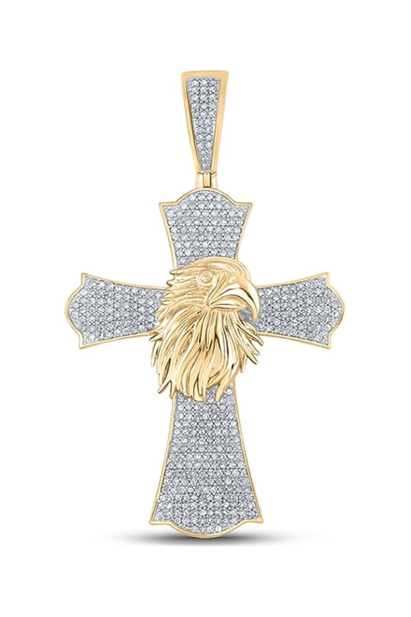 10kt Yellow Gold Mens Round Diamond Eagle Cross Charm Pendant 1 Cttw