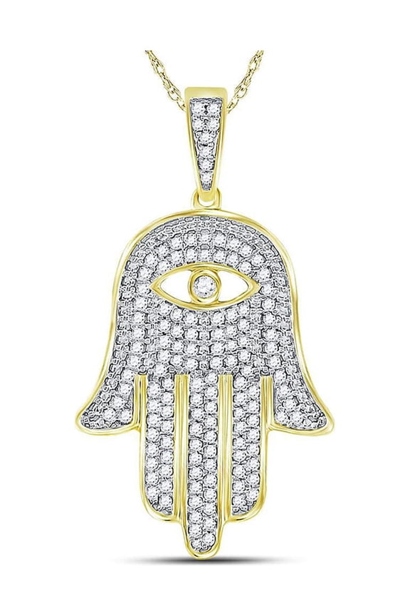 10kt Yellow Gold Mens Round Diamond Eye of Fatima Hamsa Hand Charm Pendant 1/2 Cttw